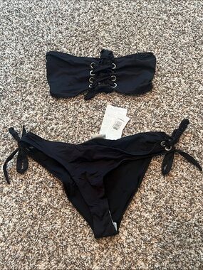 NWT NEW OndadeMar Black Bandeau Bikini Top and Bottoms Tie Up LARGE
